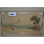 Small watercolour, river landscape with figure in a boat and castle in the distance, unsigned,