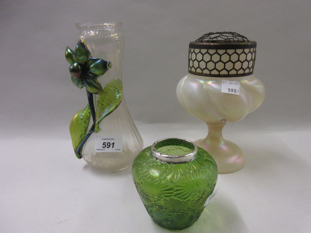 Small silver mounted Art glass vase together with two other Art glass vases