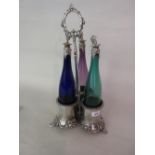 19th Century silver plated three bottle decanter stand with an associated set of three coloured