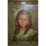 Early 20th Century oil on panel, half length portrait of a young lady with white ribbon in her hair,
