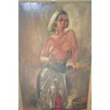 Hasim, large 20th Century oil on canvas, portrait study of an Indonesian semi nude girl, signed, 43.