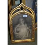 Gothic design carved giltwood frame having arched top and carved spiral columns