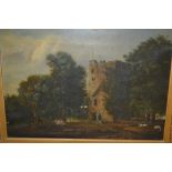 19th Century gilt framed oil on canvas, figure and cattle before a fortified home, unsigned,