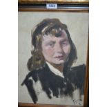 Modern British school oil on canvas board, portrait of a lady in a black tunic,