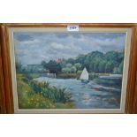 Attributed to Godwin Bennett, oil on panel, sailing boat in a river landscape, label remnant verso,