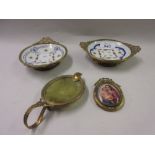 Pair of small Continental porcelain dishes with gilt brass decoration together with a similar brass