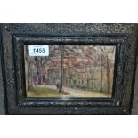 Two framed watercolours, figures in a street by the Royal Albert Hall,