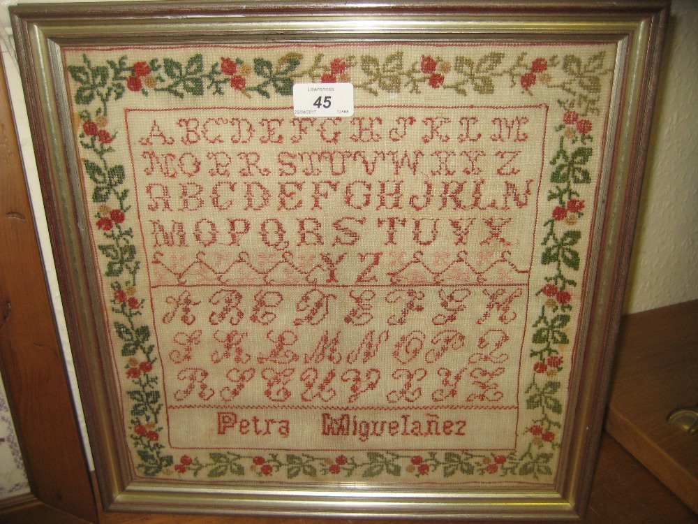 19th Century alphabet sampler by Petra Miguelanez with floral border, - Bild 2 aus 2