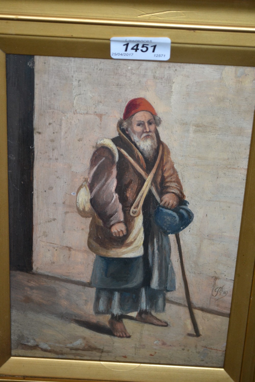 Oil on panel, portrait of a peasant gentleman by a wall, indistinctly monogrammed, 9.5ins x 6.