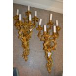Pair of reproduction gilt brass five branch wall lights