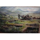 J.M. McCullock, oil on canvas, ' The Peat Cutters ', signed, 13.5ins x 19.