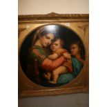 After Raphael, oil on canvas, the Madonna and child with infant John the Baptist, circular mounted,