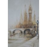 Ben Maile, pencil and watercolour, view of Westminster with bridge and various shipping, signed,