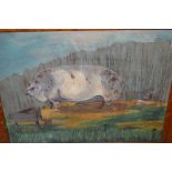 Naive oil on board, study of a pig by a trough in a maple frame (a/f),