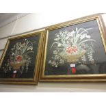 Pair of silkwork pictures, floral still life, 19.5ins x 19.