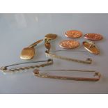 Pair of 9ct gold cufflinks, two gold tie pins,