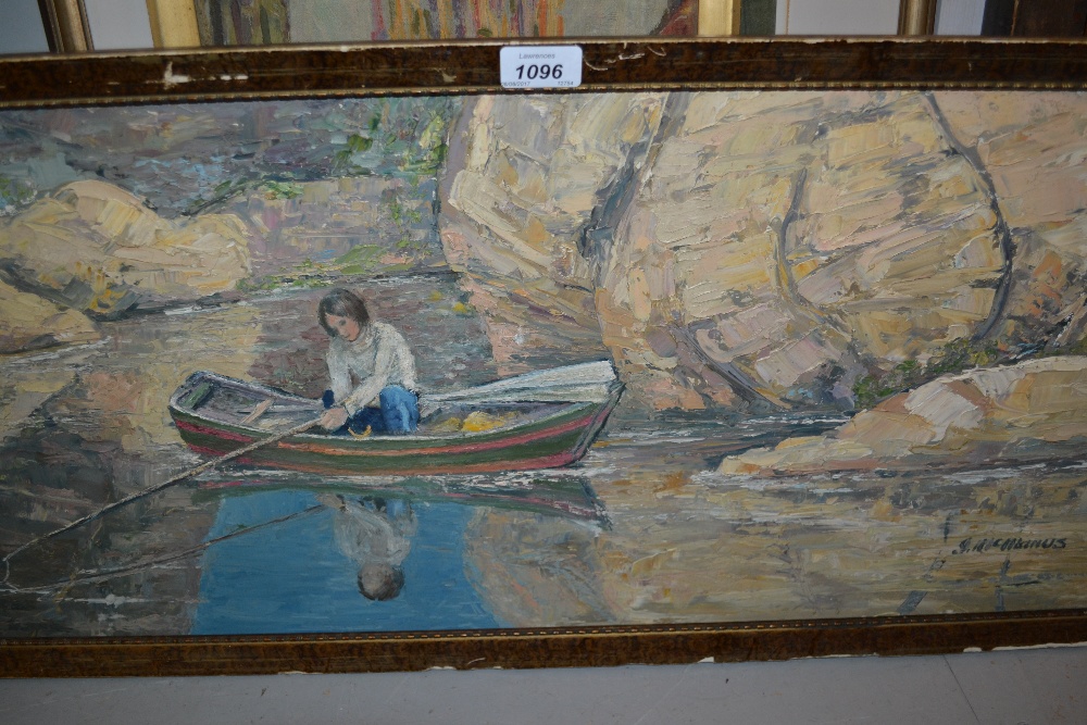 J. McManus, signed American school oil, rocky lake scene with figure fishing from an open boat, 13.