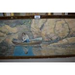 J. McManus, signed American school oil, rocky lake scene with figure fishing from an open boat, 13.