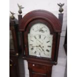 19th Century mahogany line inlaid longcase clock having painted arch top dial with Roman numerals,