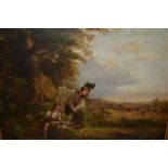 19th Century oil on canvas, landscape with figures harvesting and boys to the foreground,