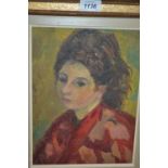 Oil on board, portrait of a lady in a red tunic, bearing Vente Aizipiri stamp verso,