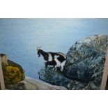 Group of three unframed oil on canvas, portrait landscape and goats on a cliff,