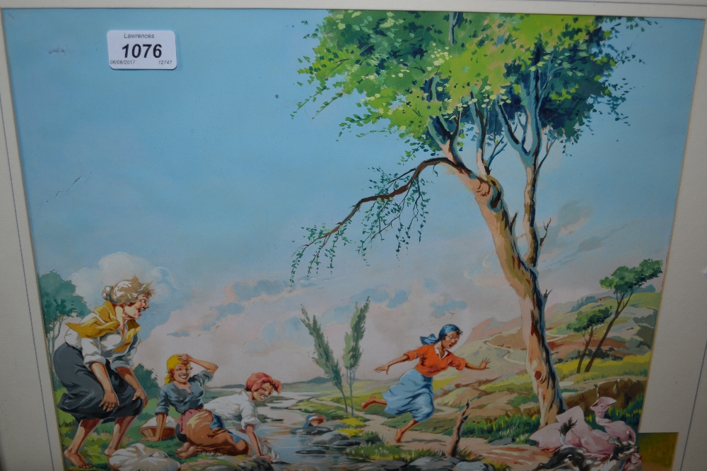 20th Century gouache, book illustration of women washing clothes by a stream, signed Roberjo,