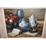 20th Century oil on canvas, still life study, blue and white pots, books etc.