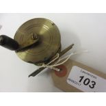 Small brass centre pin fishing reel, stamped S. Allcock and Co.