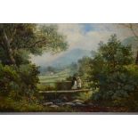 Pair of 19th Century unframed oils on canvas laid onto board, figures in rural landscapes,