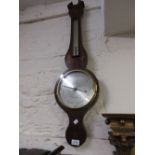 19th Century mahogany wheel barometer having line inlaid and shell decoration with silvered dials,