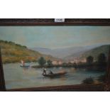 Early 20th Century oil on panel, boatmen on a Continental lake, 10.