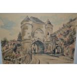 Oscar Van Rompaey, signed watercolour and charcoal figures by a castle entrance, unframed,