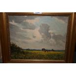 20th Century oil on card, landscape with cattle grazing, signed E. Cox, gilt framed, 9.5ins x 11.
