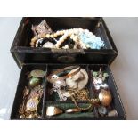 Small black leather covered jewellery box containing a quantity of various costume jewellery