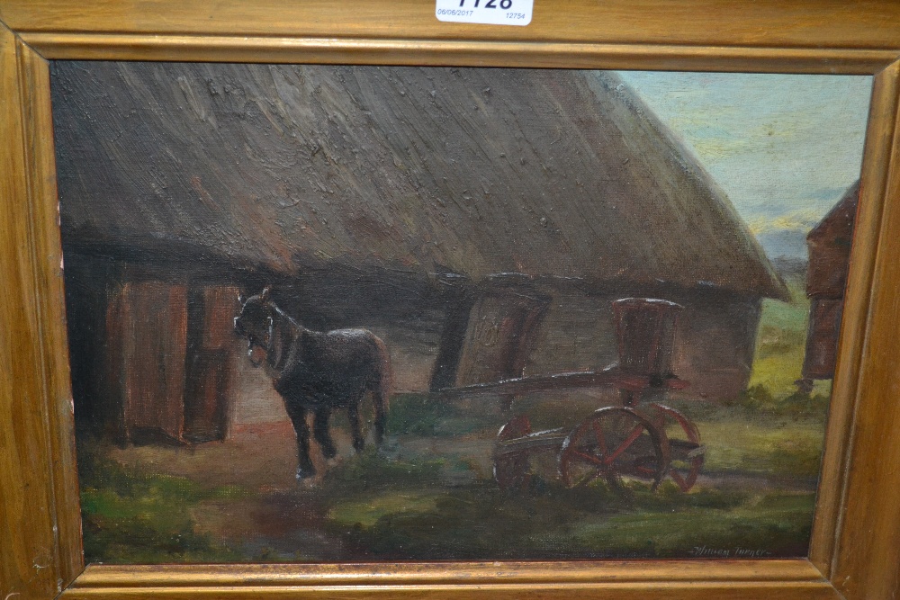 William Turner, signed oil on canvas, horse and cart by a barn, 9.5ins x 13.