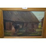 William Turner, signed oil on canvas, horse and cart by a barn, 9.5ins x 13.