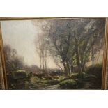 Oil on canvas, wooded landscape with stream, attributed verso to Geo. Boyle, 11.5ins x 15.