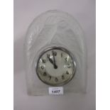 Clear glass Lalique style mantel clock decorated with budgerigars having circular chrome dial