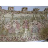 Machine tapestry, figures in a continental riverside garden,