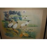Oriental watercolour on silk, river landscape with wading birds, 16ins x 21ins,