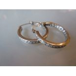 Pair of white metal ear hoops set with paste