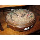 Victorian oak footstool with beadwork top and ceramic bun feet