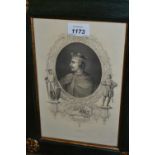 Three green and gilt framed original prints of Kings of England,