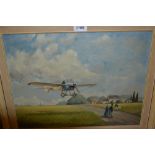 John Eggs, oil on board, entitled ' Pioneer Spirit ', a Blackburn monoplane flying over a village,