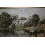 Edwardian watercolour of Lymbrook House with figures on punts, indistinctly signed, 12ins x 20ins,