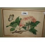 Pair of 19th Century watercolour on rice paper, still life, flowers with butterflies (a/f), 6.