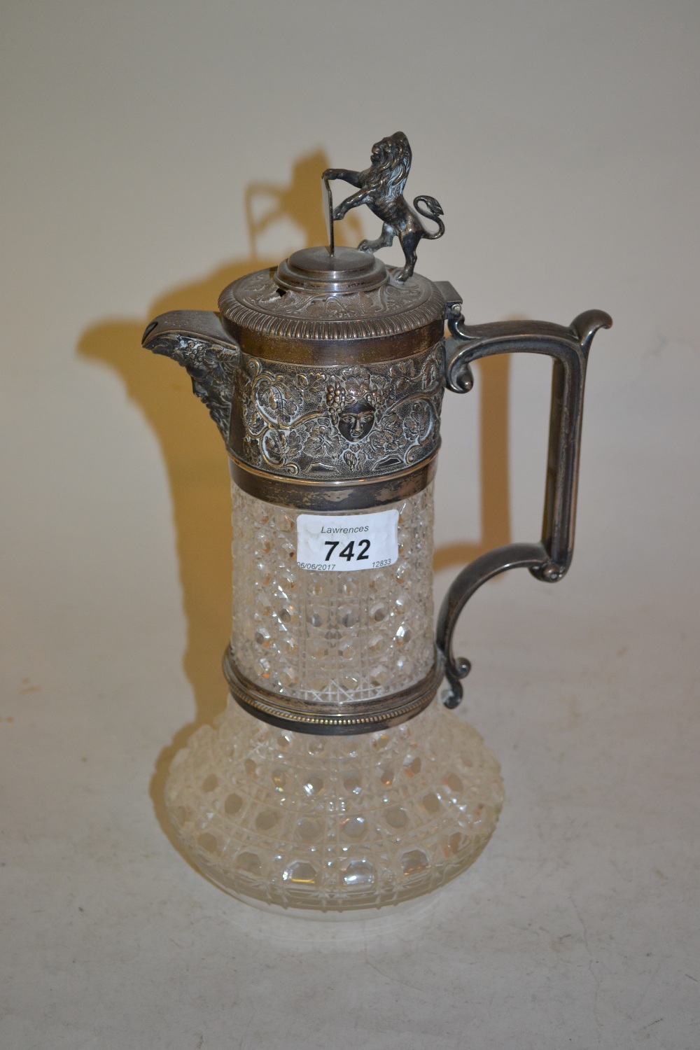 Birmingham silver mounted hobnail cut glass claret jug,