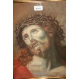 Antique gilt framed coloured chalk drawing, portrait of Christ with crown of thorns,