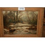 F. Golden Short, signed oil on millboard, woodland scene in winter, 6.25ins x 8.